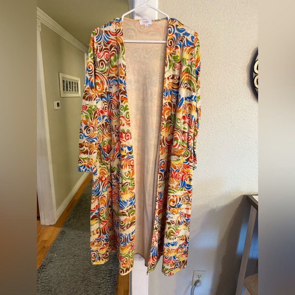 LuLaRoe Orange Blue Green and Red Sarah Cardigan Sweater Duster size Small